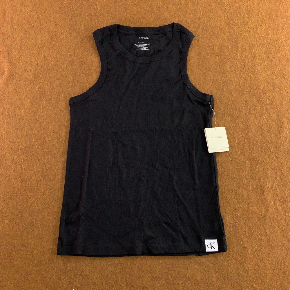 Calvin Klein Women Large Black Ribbed Cotton Stretch Logo Patch Tank Top NWT
